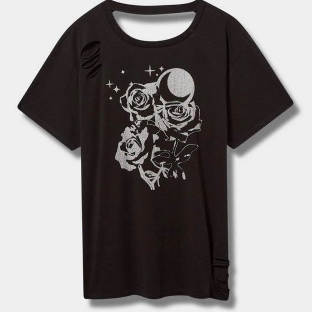 Black Graphic Tee with Silver Rose Design